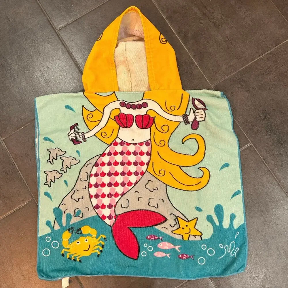 Kids Mermaid Hooded Towel Poncho Beach Swim Bath Crown Hood